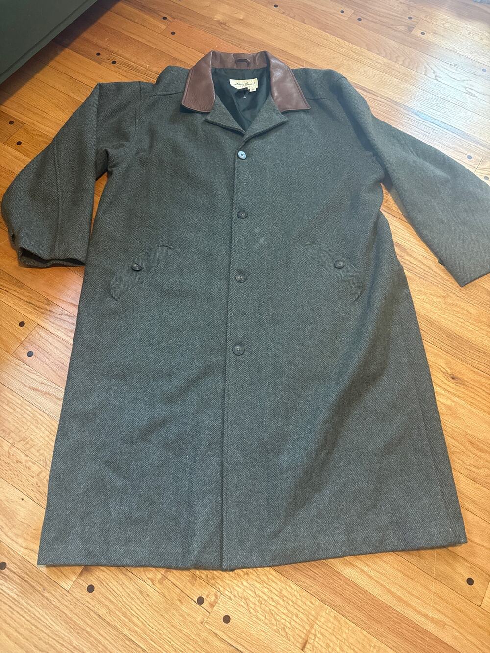 Vtg Eddie Bauer Wool Herringbone Tweed Trench Overcoat Leather Collar Men's 3XL